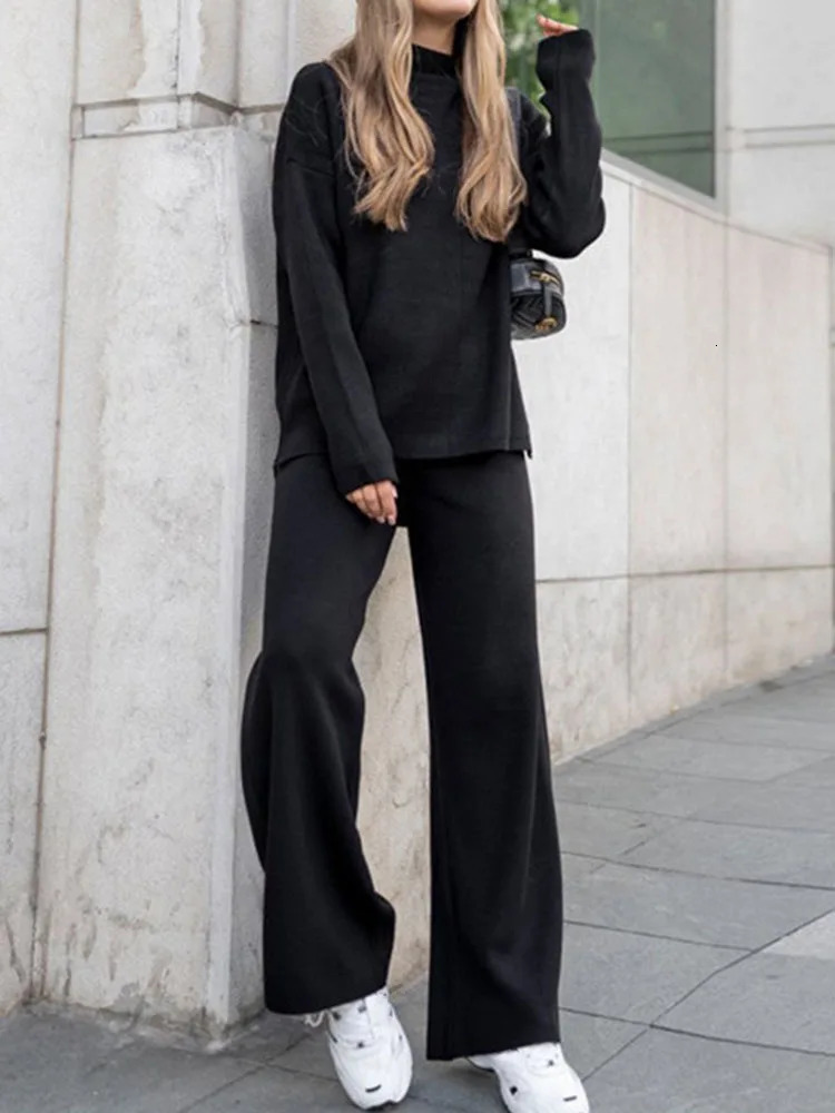 2 Piece Korean Knit Sets for Women Knitwears Half Turtleneck Pullover Tops Loose High Waist Wide Leg Sweatpants Tracksuit 250729