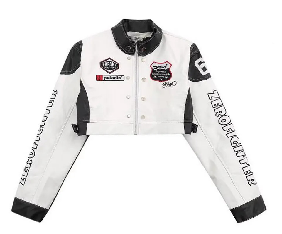 Leather Racing Bomber Jacket Women Varsity Outerwear Short Blue Motorcycle Coat Y2K American Baseball Windbreak 250729