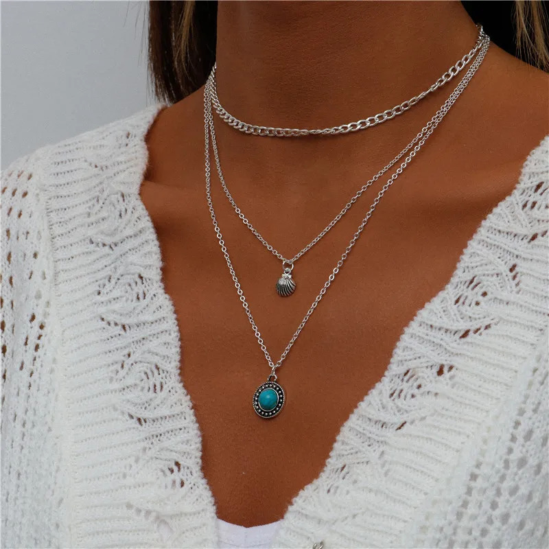 Vintage Multi Layered Portrait Coin Moon Hamsa Hand Chain Necklaces for Women Boho Elephant Hearts Pendants Necklaces Jewelry 250729