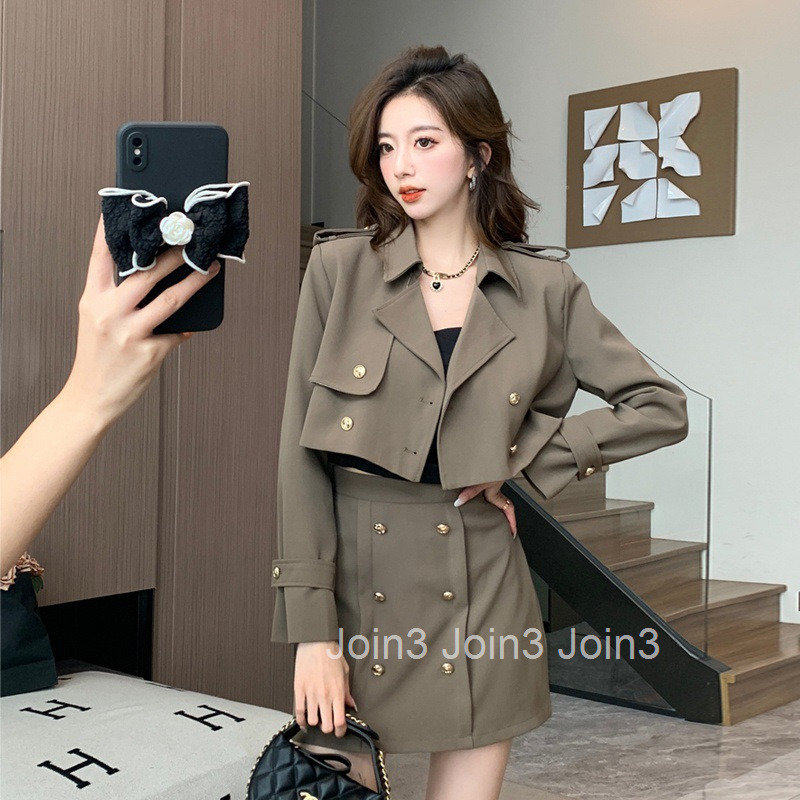 Autumn Winter New Korean Style Casual Two-piece Long-sleeved Short Suit Trench Coat Jacket + High-waisted Short Skirt Set
