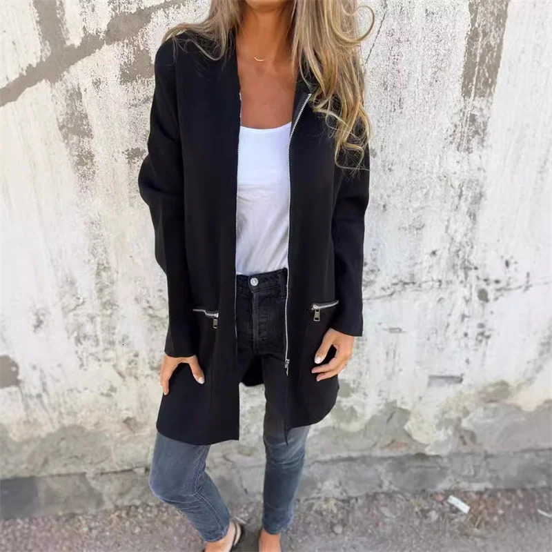 Autumn Winter Casual Zipper Hooded Jacket Women Long Sleeve Cardigan Coat Womens Windbreaker Straight Jackets Red Coats 250729