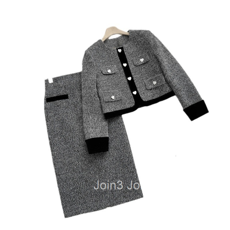 Winter Plus Size Womens Thickened Cotton Small Fragrance Style Skirt Set Slimming Long Sleeve Jacket Short High Waist Skirt Set