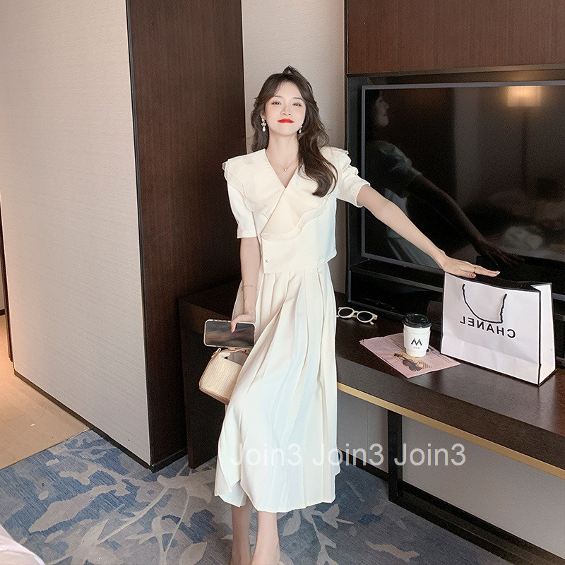 New French Style Summer Mid-Length Skirt Set Slim Fit Short Sleeve Top + Mid-Length Skirt Two-Piece