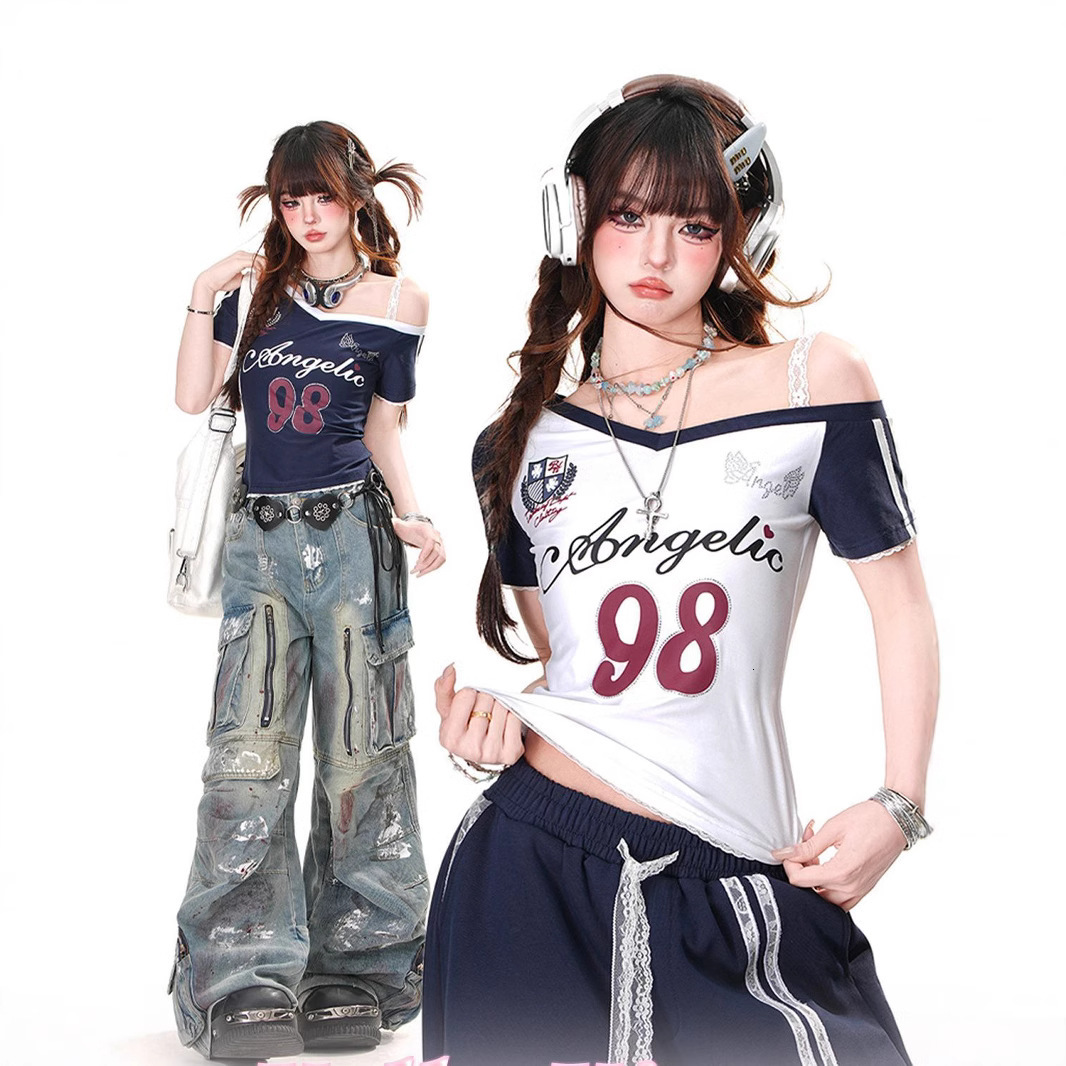 2025 American style short sleeved lace women's T-shirt summer new slim fit off shoulder sexy girl's short top fashion new designer T-shirt