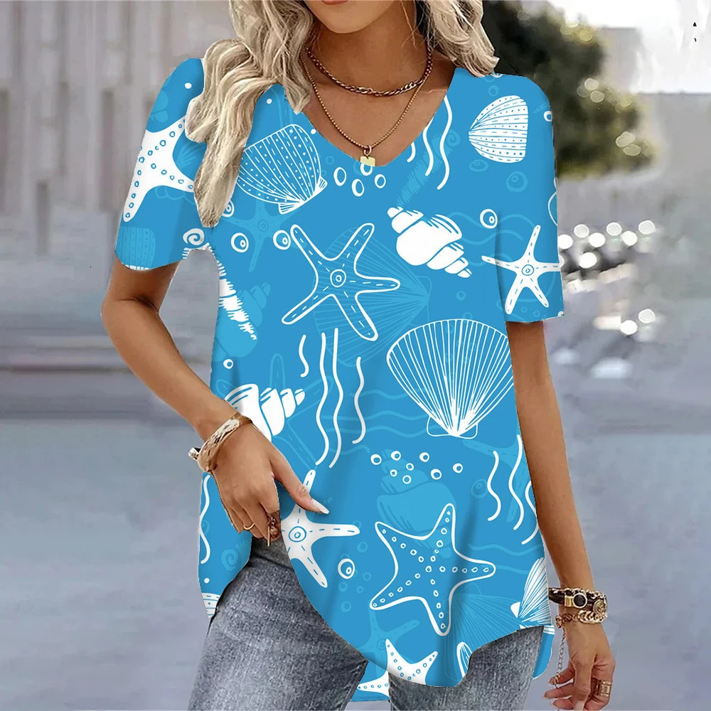 Fashion Cactus Sea Star 3D Printing Woman Clothing Korean Clothes Y2k Clothes Outdoor Oversized V-Neck Womens Shirt 250725