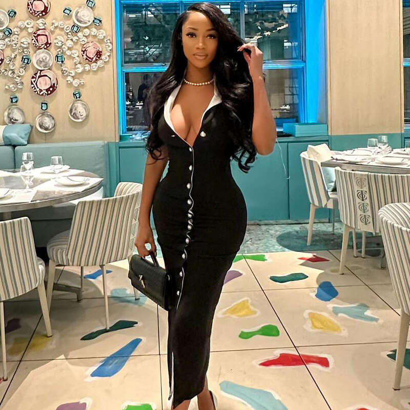 Elegant And Sophisticated Color-Block Slim Fit Button Women's Mid-Length Dress B5