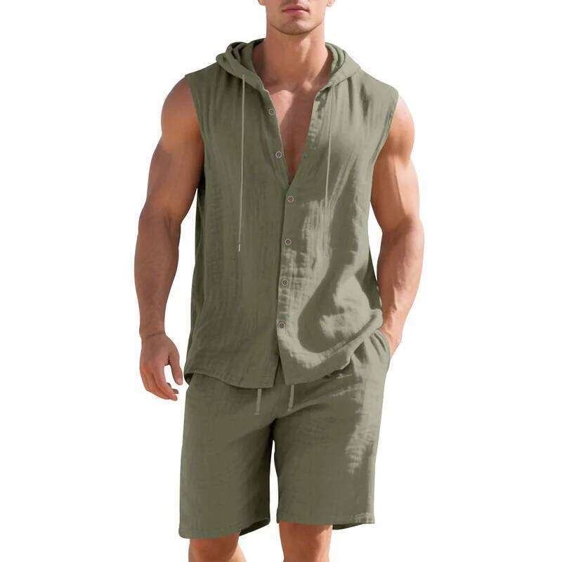 Summer loose-fit linen casual minimalist hooded sleeveless shirt and shorts two-piece set, men's hoodie suit.