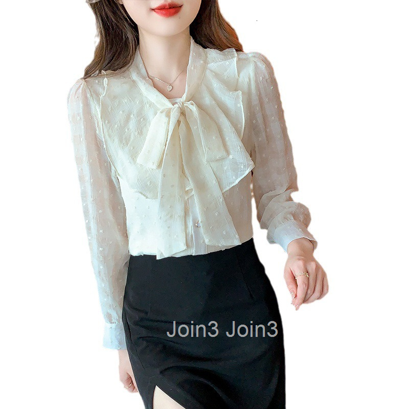 Spring and Autumn New Fashionable Sleeve Bow Collar Apricot Chiffon Blouse Womens Professional Shirt Womens Blouse