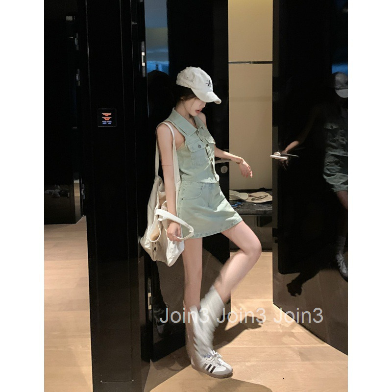 2025 Summer New Hot Girl Polo Collar Single-Breasted Denim Vest Top + High-Waisted Short Skirt Set for Women