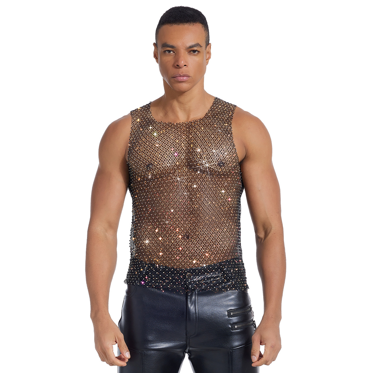 Fashion Mens Mesh Rhinestone T-Shirt Fishnet Rhinestone Party Sheer Blouse Top