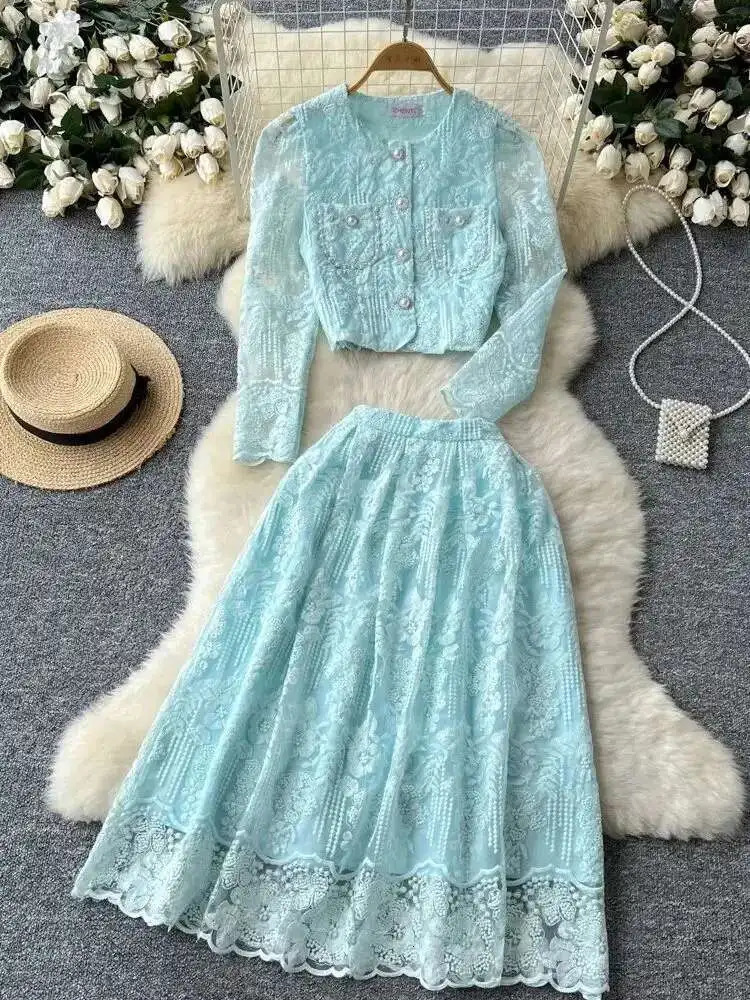 Autumn Elegant Flower Embroidery Lace Two Piece Matching Set Womens Long Sleeve Pearls Button Crop Top Midi Skirts Suits 250728