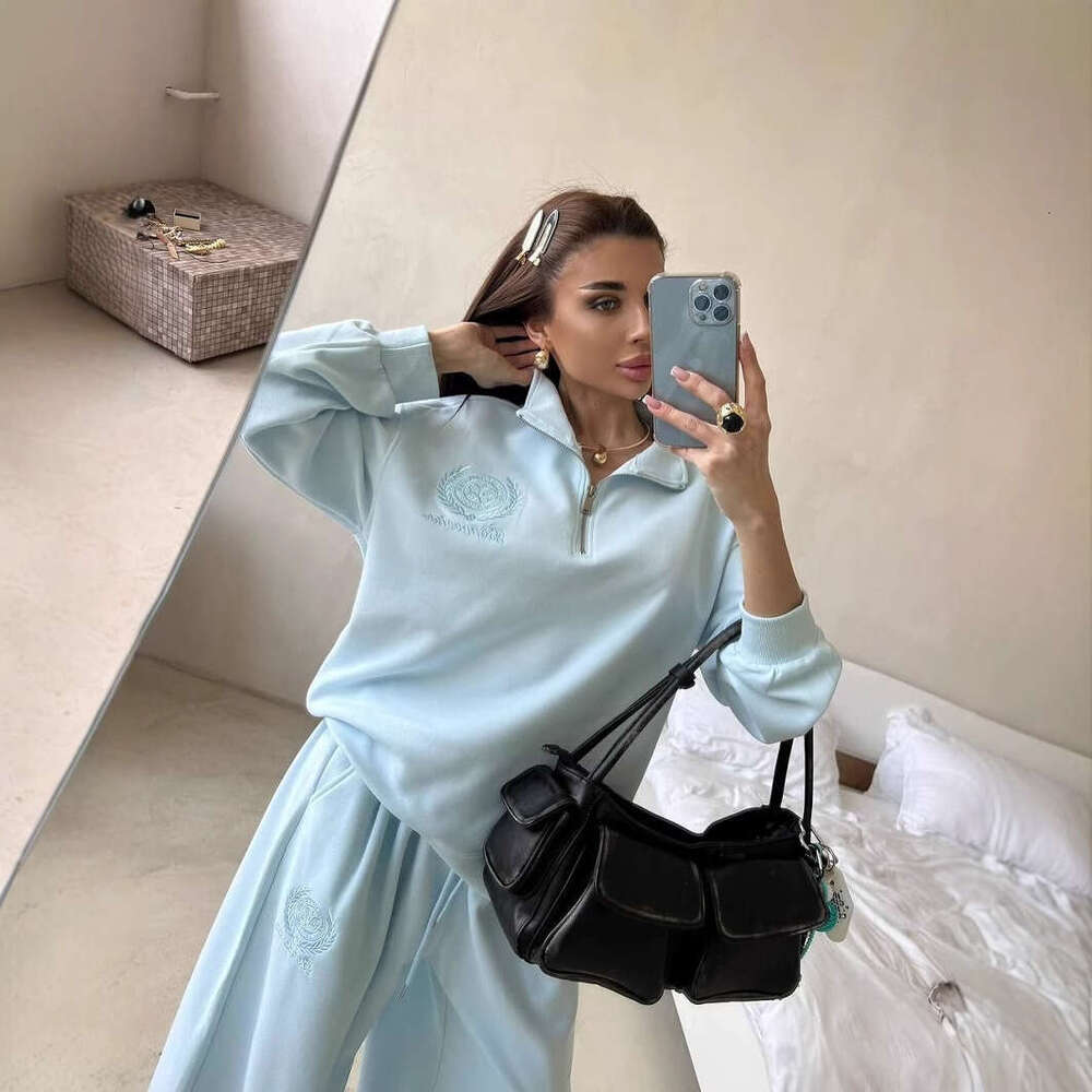 2025 Summer New Heavy Embroidery Half-Zip Long Sleeve Top Wide-Leg Pants Slimming Two-Piece Set for Women