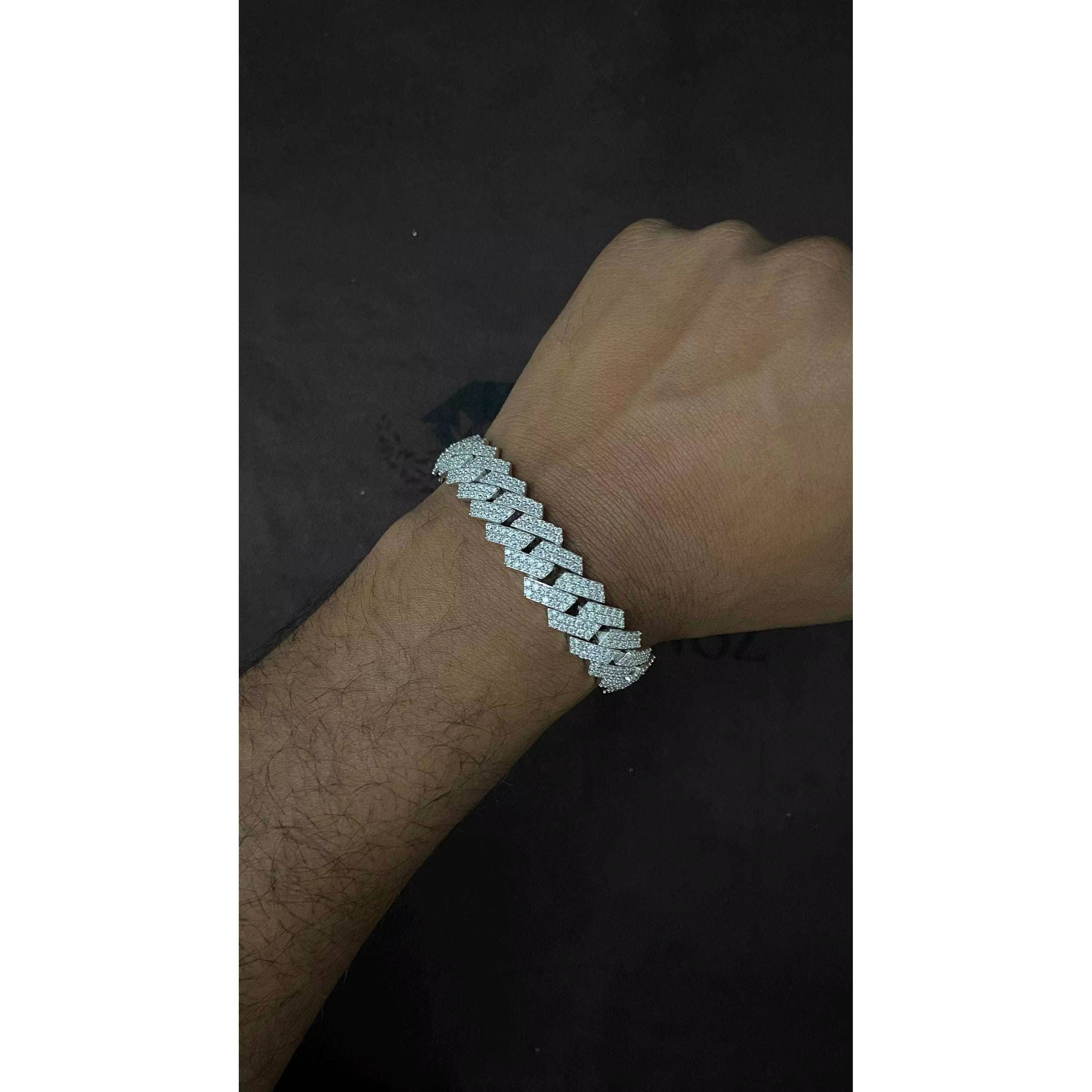 Solid 925 Sterling Silver 14mm Prong Cuban Link Bracelet with VVS Moissanite Diamonds Passes Diamond Tester