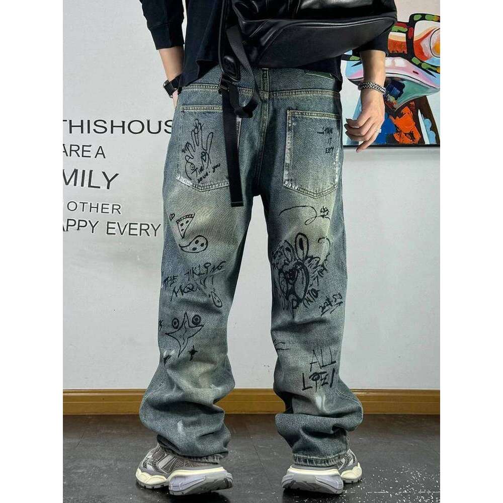 American Streetwear Distressed Creative Graffiti Print Baggy Jeans For Men Fashion Denim Straight Cargo Pants Haruku Trousers 250726