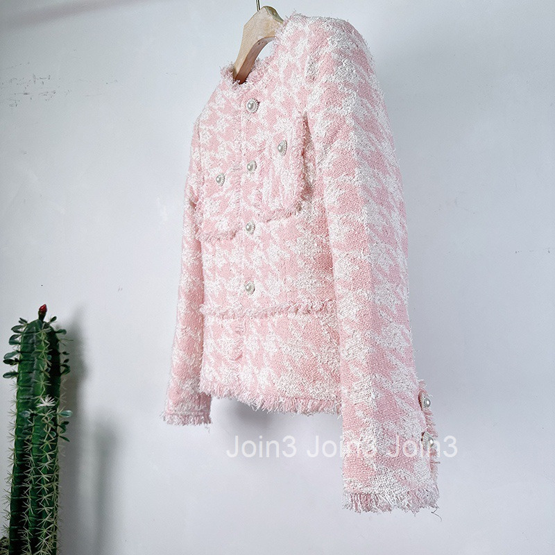 Early Autumn and Winter New Fashionable French Style Pink Thousand Bird Plaid Fleece Thick Tweed Tassel Fleece Coat Small Fragrant Girl