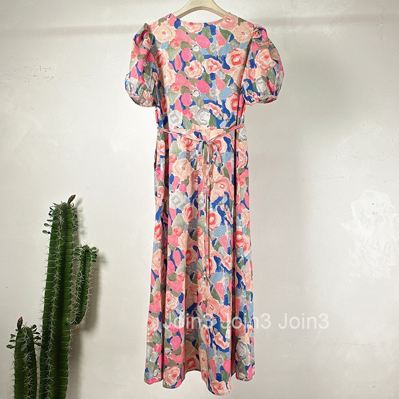 Printed Dress for Women Summer New Vacation V-neck Short Sleeve High Waist Loose Mid-length A-line Dress