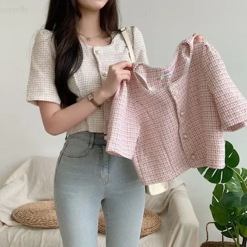 Vintage Shirts Tweed Short Sleeved Coat Tops Womens Single Breasted Pink Plaid Cardigan Beaded Crop Jackets Summer Y2k 250729