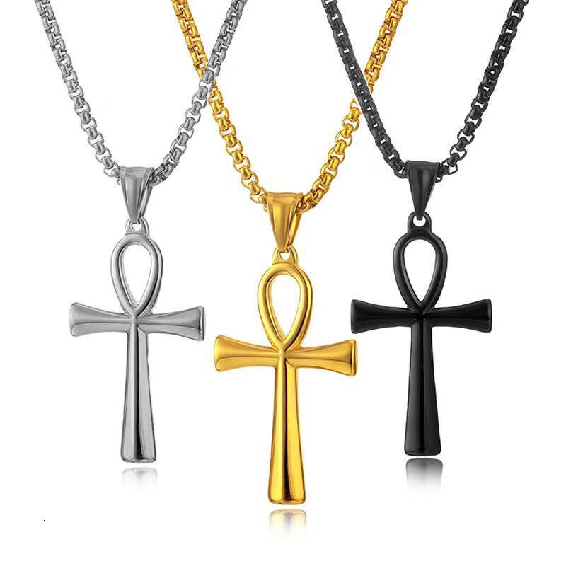 Fashion Jewelry Simple Ancient Egypt Cross Smooth Stainless Steel Gold Plated Pendant Necklaces Women Men