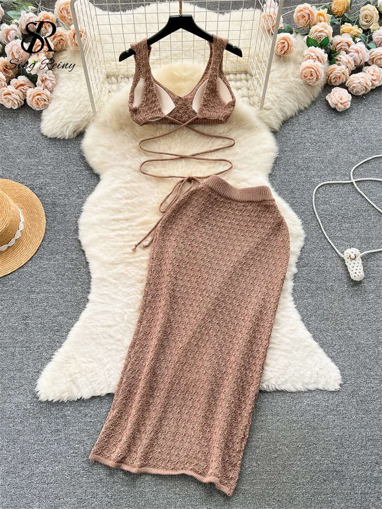 Singreiny Fashion Y2K Vintage Knitted Suits Bandage Crop Sexy TopSplit Slim Bodycon Skirt Chic Holiday Women Two Pieces Sets 250729