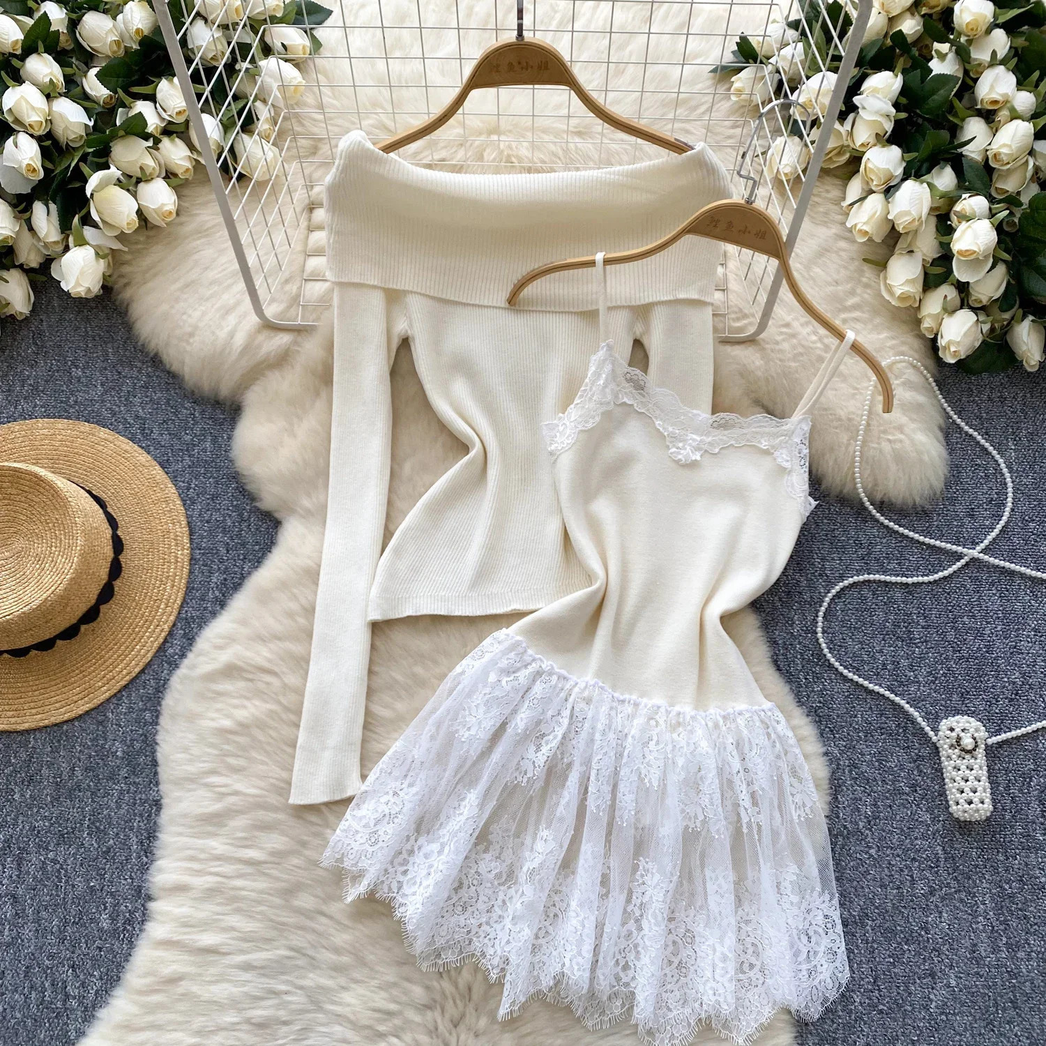 Chic vintage Knit Spliced lace dress Elegant Fairy Korean fashion autumn winter womens clothing Two Piece Set 250729