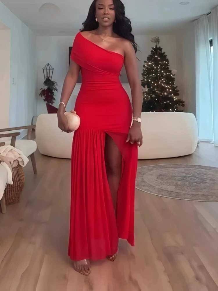 2025 Women One Shoulder Skew Neck High Split Pleated Hem Bodycon Long Maxi Dress Evening Sexy Club Party Dresses Vestido Z250728