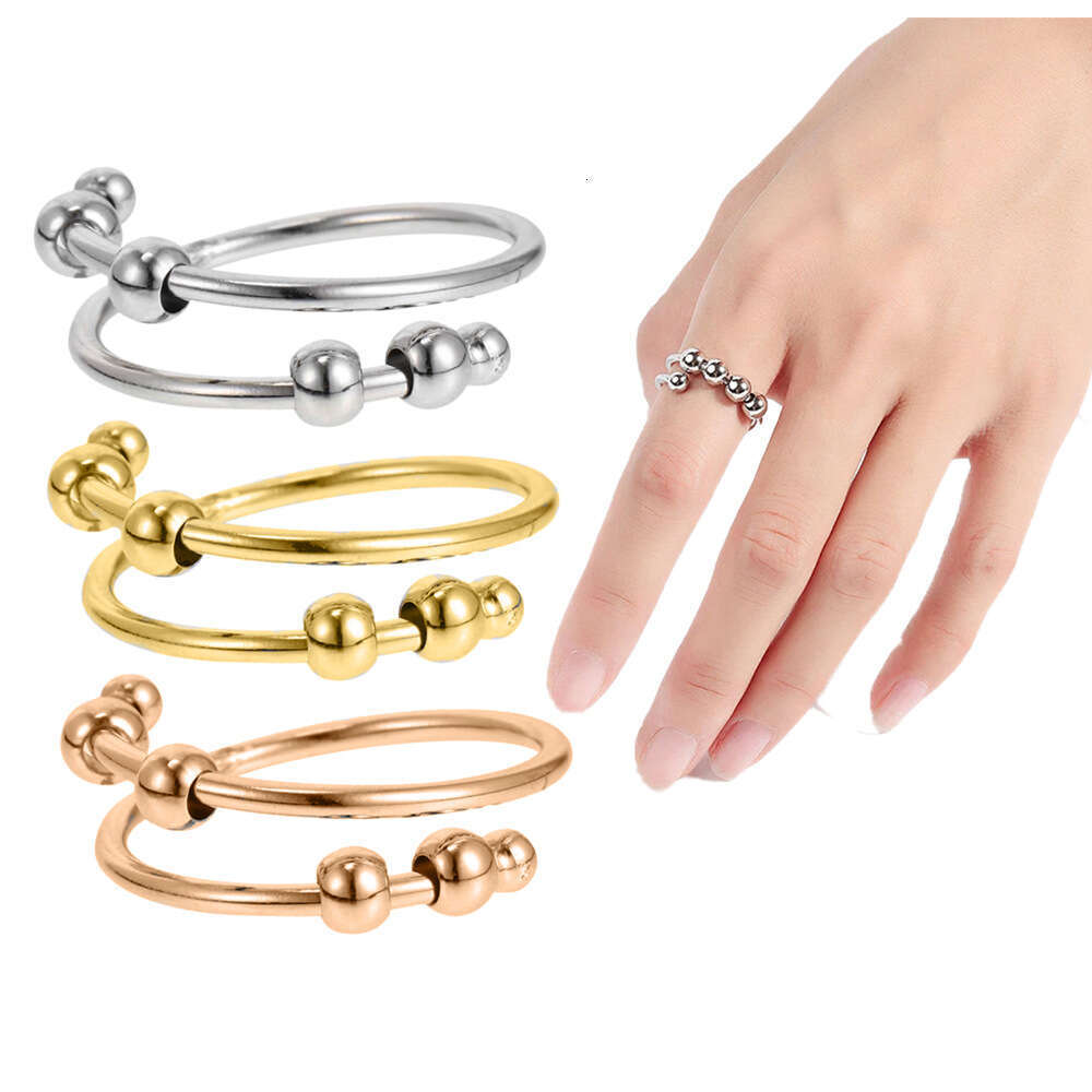 Hot Selling Creative Personality Open Stainless Steel Double Layer Rotating Round Bead Anxiety Relief Ring