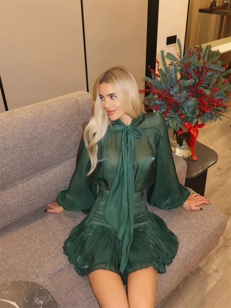 Flounce Mini Skirts Suits Women Elegant Loose Lace Up Bow Long Sleeves Shirts 2 Pieces Sets Female Spring Solid Outfits 250729