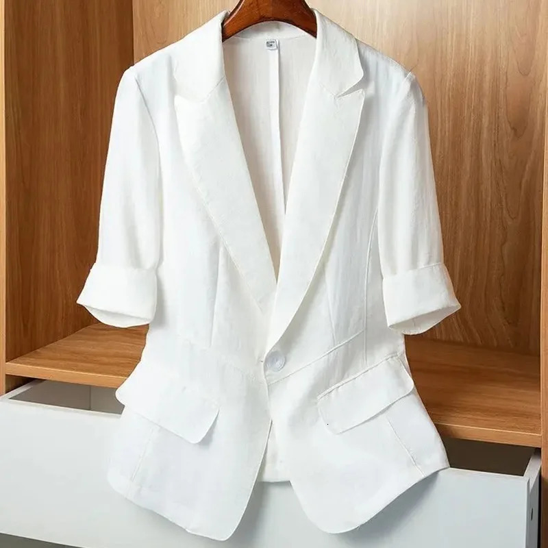 Korean Fashion Slim Jackets Casual Womens Suit Blazer Elegant Turn Down Collar Single Button Short Sleeve Coat Summer 250729