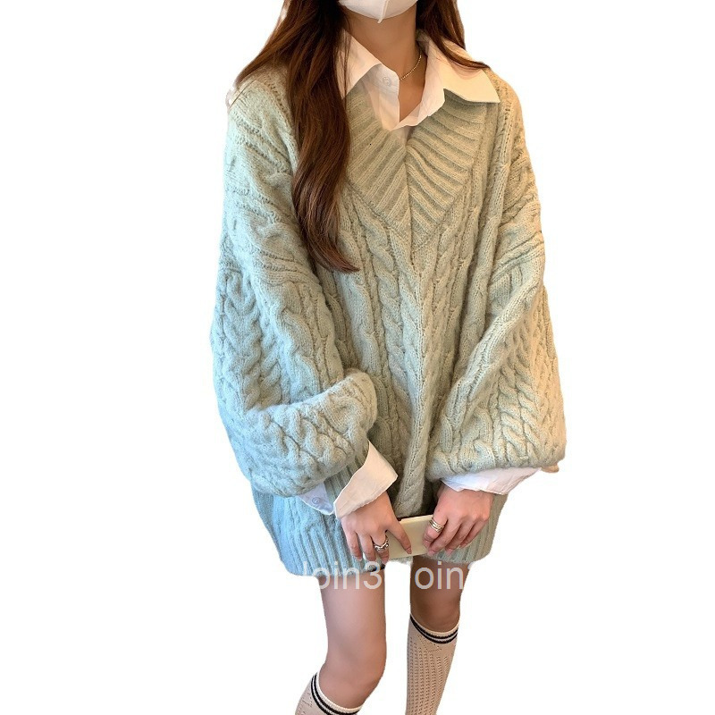 Autumn Winter Outfit Hot Girl Lazy Style V-Neck Gentle Korean Version Casual Loose Pullover Long Sleeve Sweater Mid-Length Women