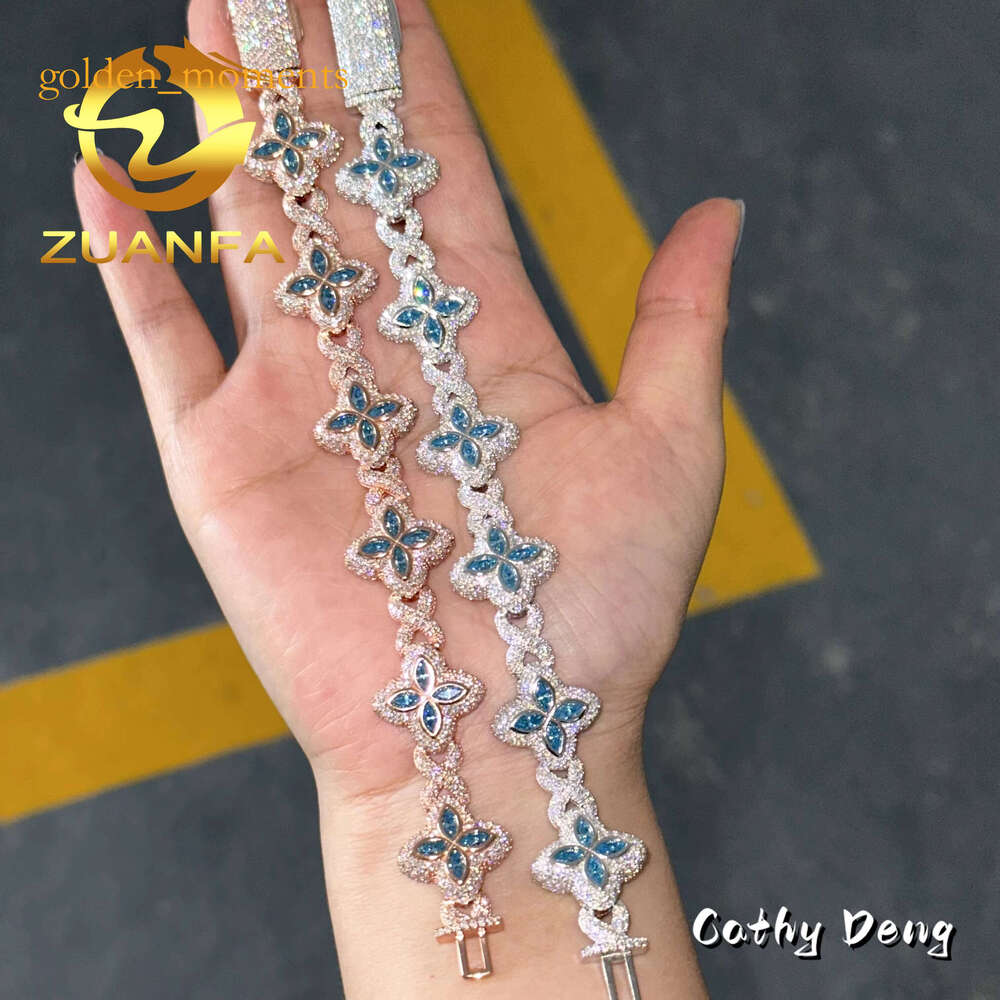 Fashion Rapper Jewelry Blue Iced Out Men Cuban Sterling Sier Moissanite Bracelet Pass Dia Tester