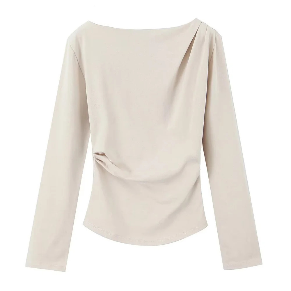 100% Cotton Womens Off the Shoulder Beige Long Sleeve TShirt Asymmetric Ruched n for Stylish and Comfortable Wear 250729