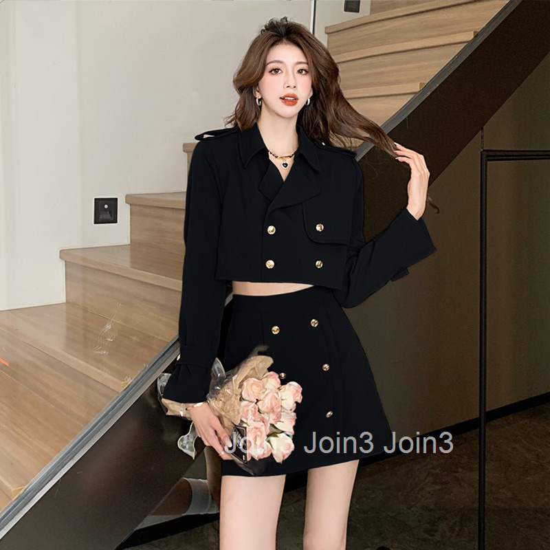 Autumn Winter New Korean Style Casual Two-piece Long-sleeved Short Suit Trench Coat Jacket + High-waisted Short Skirt Set
