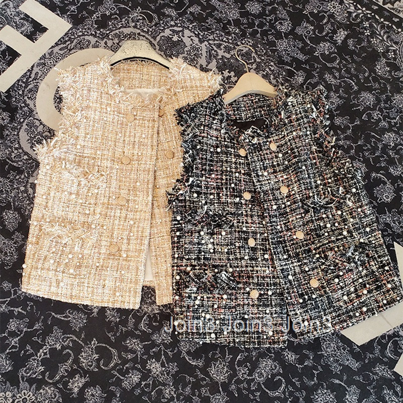 Autumn New Heavy Tweed Small Fragrant Milk Vest Coat Womens Trendy Nail Bead Fur Edge Temperament Double breasted Outer