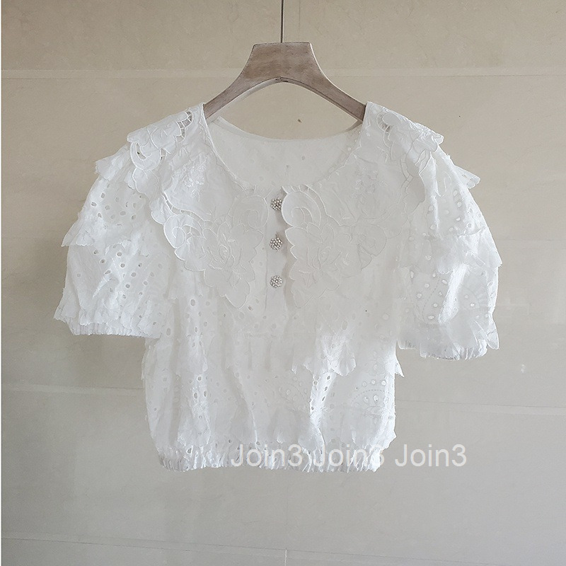 2025 Summer New Loose Round Neck Shirt Cotton Lace Button Short Sleeve Top Korean Style