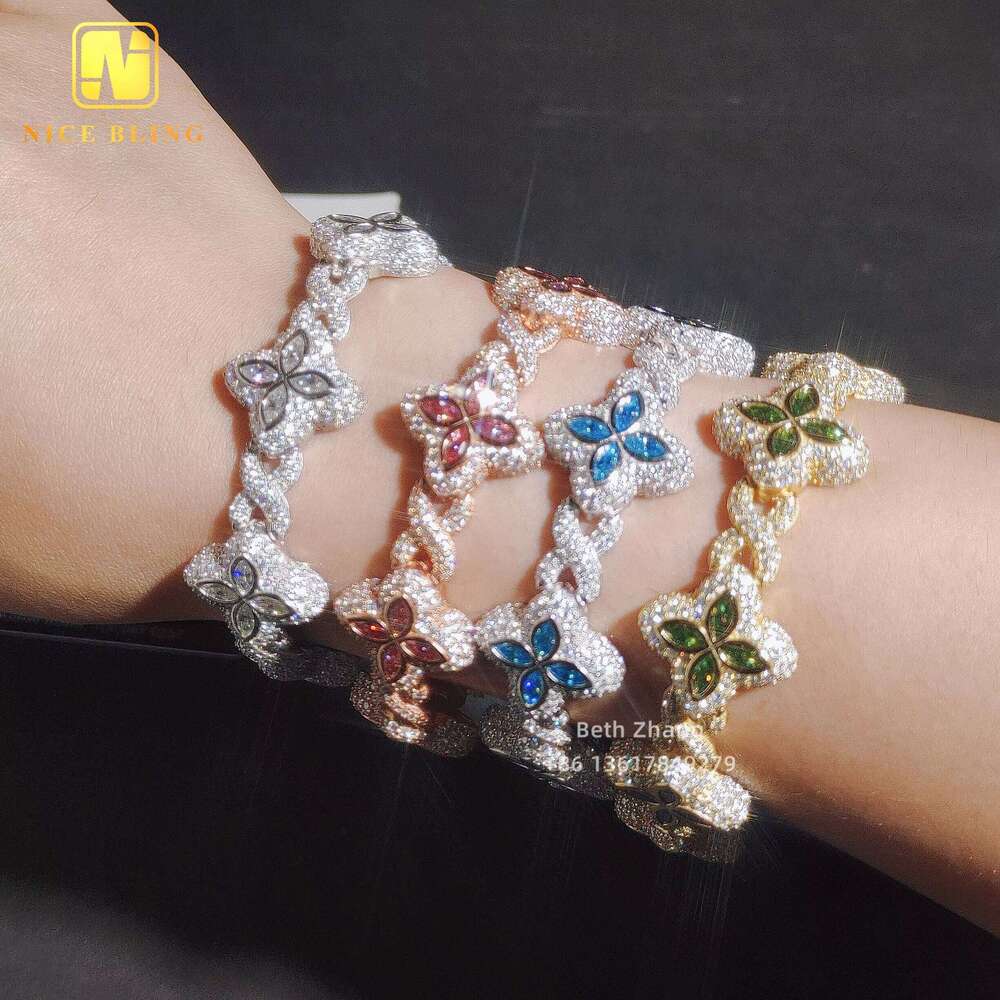 New Arrival Colorful Natural Gemstones Link Fashion Hip Hop Jewelry Sier Marquise Moissanite Cuban Bracelet
