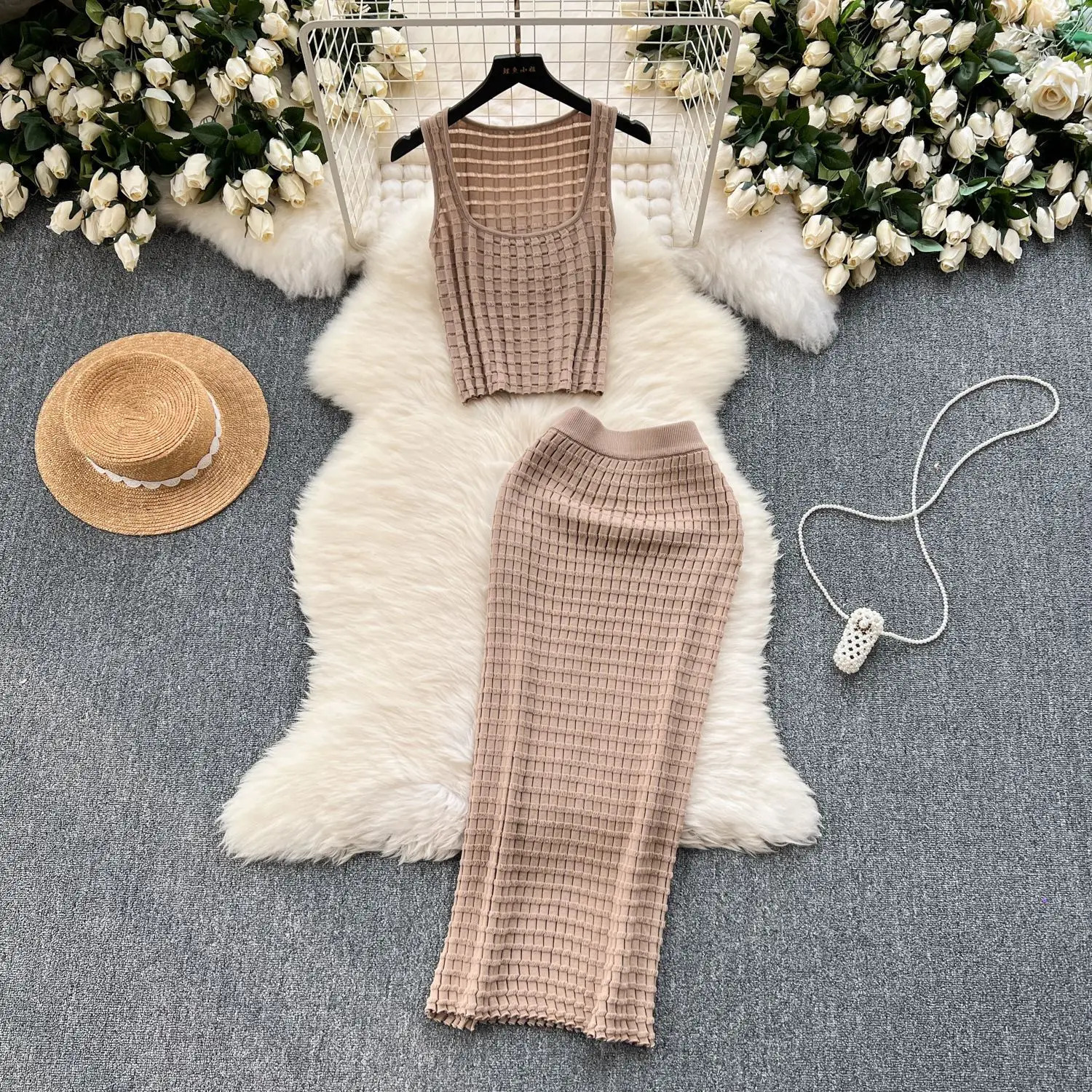 Womens Skirt Set Dress Sets Two Piece Vests Short Tops Sheath Knit Long Skirts High Waist Y2K Streetwear Party Beach 250729