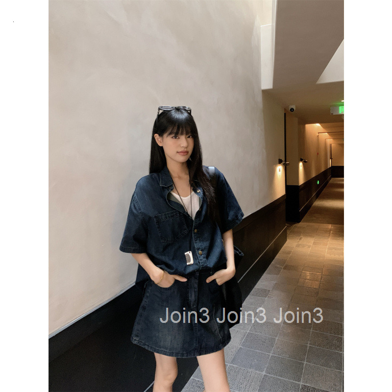 25 Summer New Korean Style Loose Short Sleeve Denim Shirt Top and Half Skirt Two-Piece Set for Women