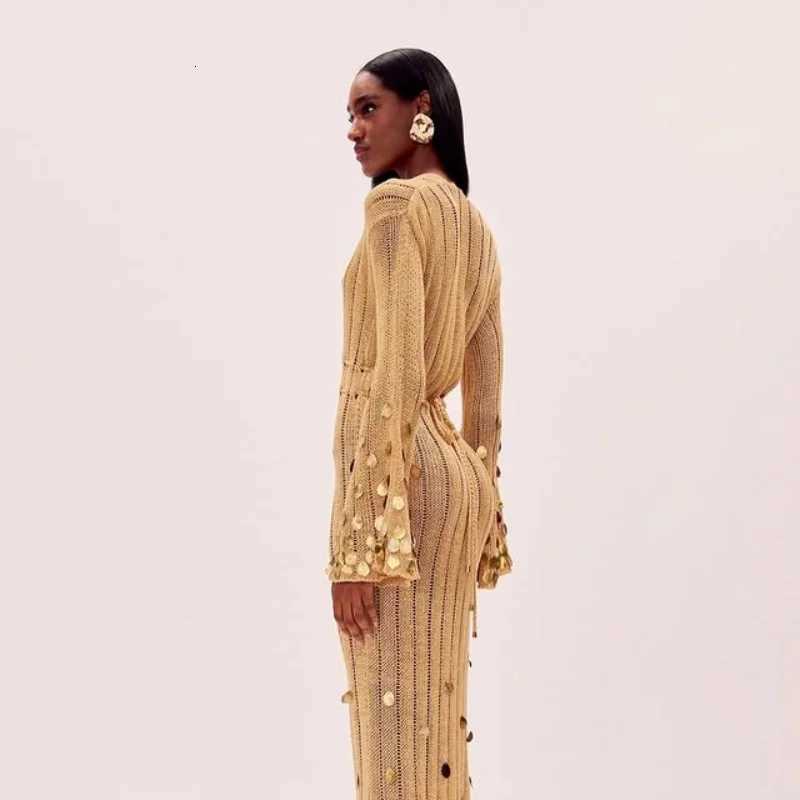 2025 New Lady Clothing Shinny Sequin Knitted Maxi Dress Deep Neck Lace Up High Waist Long Robes See Through Party Club Dresses Z250728