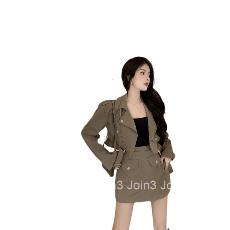 Autumn Winter French Style New Trendy Motorcycle Collar Long Sleeve Jacket Short Coat Trench Coat + Skirt Set for Women