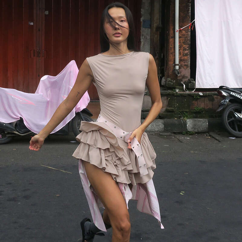 Yds119 Women's Summer New Color-Block Round Neck Sleeveless Lace Fashion Sexy Short Dress B5