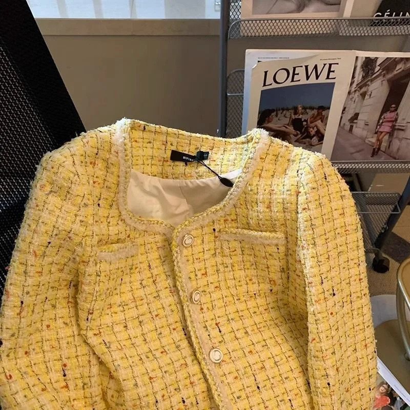 Women Jacket Spring Autumn Yellow Tweed Small Fragrance Coat Short Korean Fashion Temperament Grace Female Outerwear 250729
