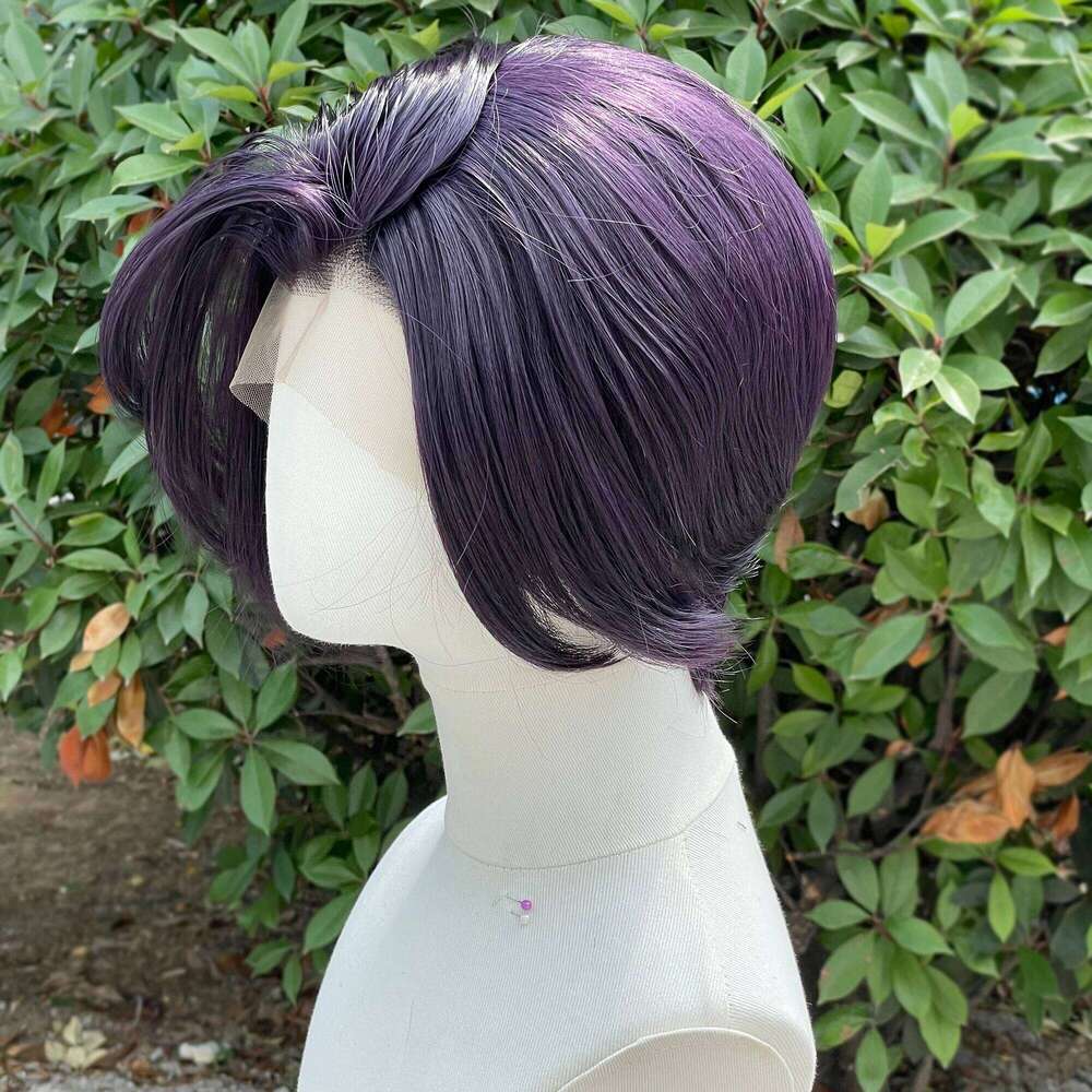 Dark Purple Cosplay 8 Inch Short Bob Cut 13X4 Synthetic Lace Front Wigs For Men Women Heat Resistant Half Hand