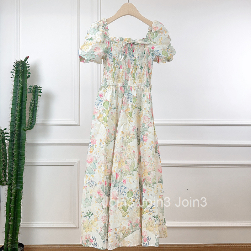 2025 Summer New French Elegant Sweet Square Neck Puff Short Sleeve Printed Dress Waist-Cinching Dress Pleated Long Dress