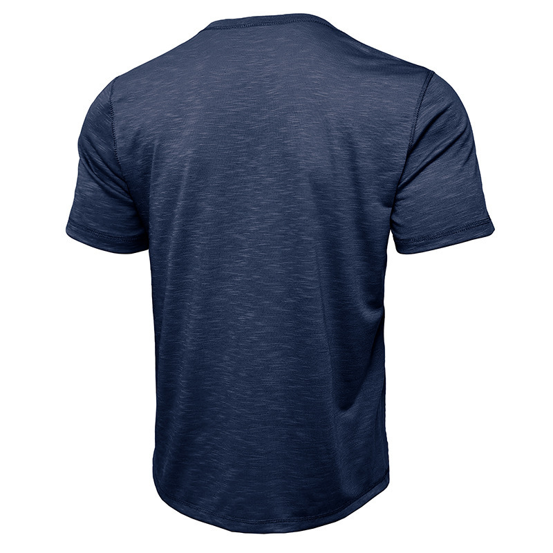 2024 Summer New Short Mens Solid Color Bamboo Henley Shirt American Style Mens Fashion T-Shirt