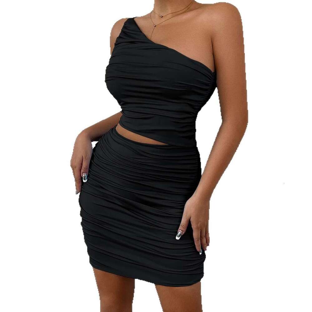 New Women's Fashion Single Shoulder Ruched Solid Color Hollow Out Bodycon Sexy Dress B5
