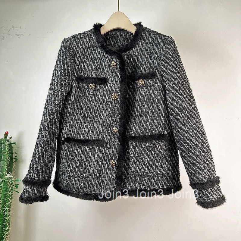 Winter New Small Fragrance Style Down Jacket for Women Tweed Plush Black Trim Long Sleeve Wool Coat for Women