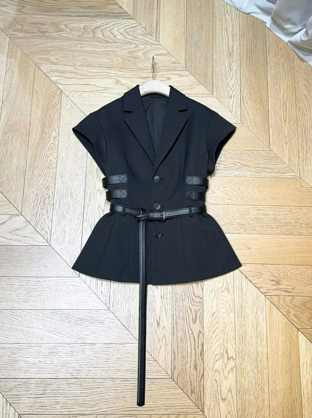 Summer Womens Black Tailored Blazer 100% Polyester Belted Waist Statement Long Strap Slim Fit Chic Office Casual Workwear 250729