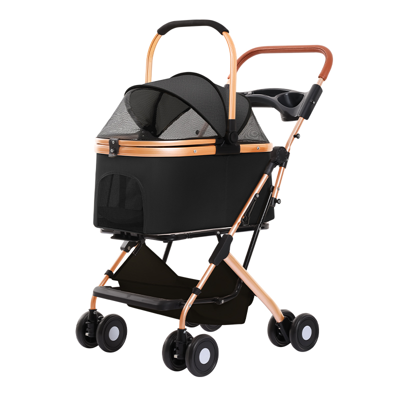 Pet stroller with 4 wheels, foldable pet travel harness, suitable for small/medium-sized dogs and cats, detachable portable pet bag, storage basket