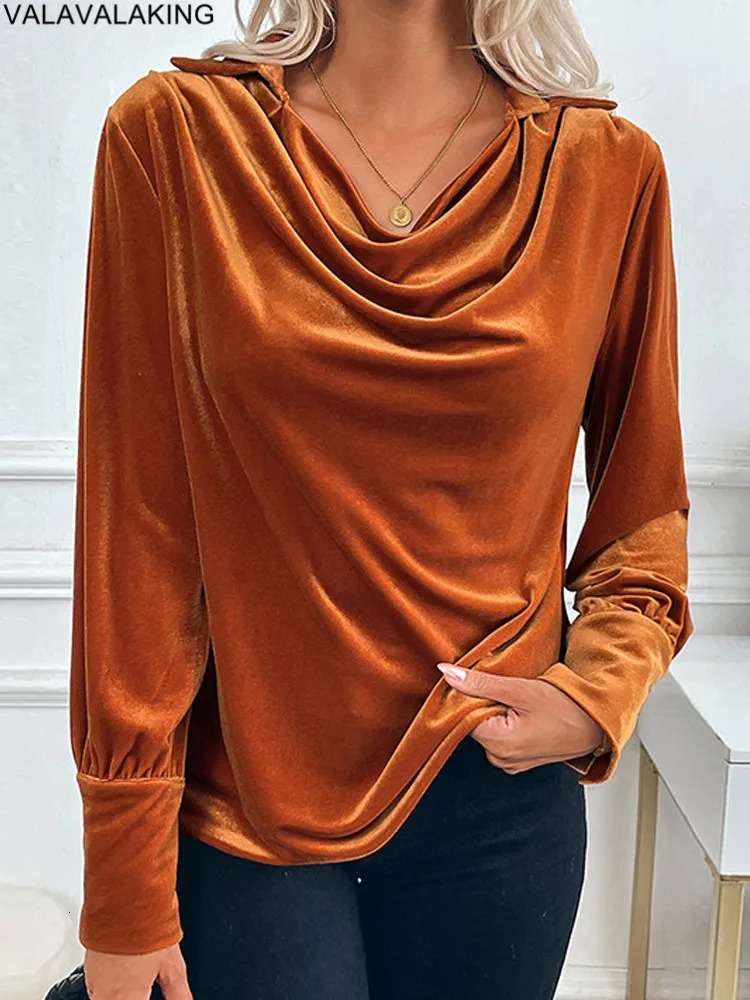 Female Casual Spring Solid Velvet Top Women Long Sleeved Elegant Tshirt Office Lady Autumn Club Pullover Tops Clothes 250729