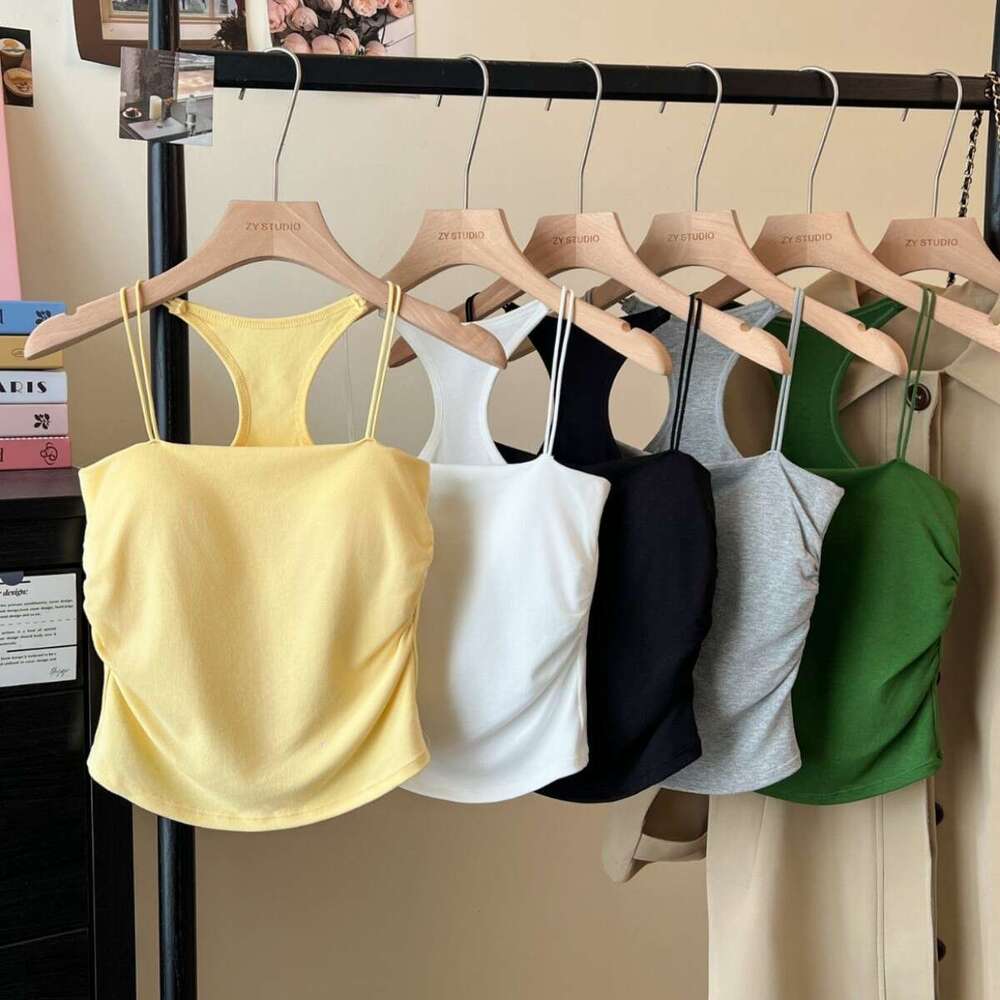 Designer T Shirt Sweet Spicy Girl Solid Color Racerback Camisole With Chest Pad Ruched Design Slim Fit Short Style Beautiful Back Top For Women